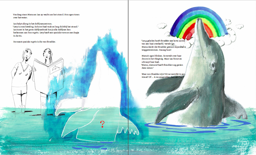 Illustraties: Anna De Palmenaer, uit 'Wilde dolfijnen langs je benen' - auteur: Joke de Vreeze - © uitgever KoomBana Bay